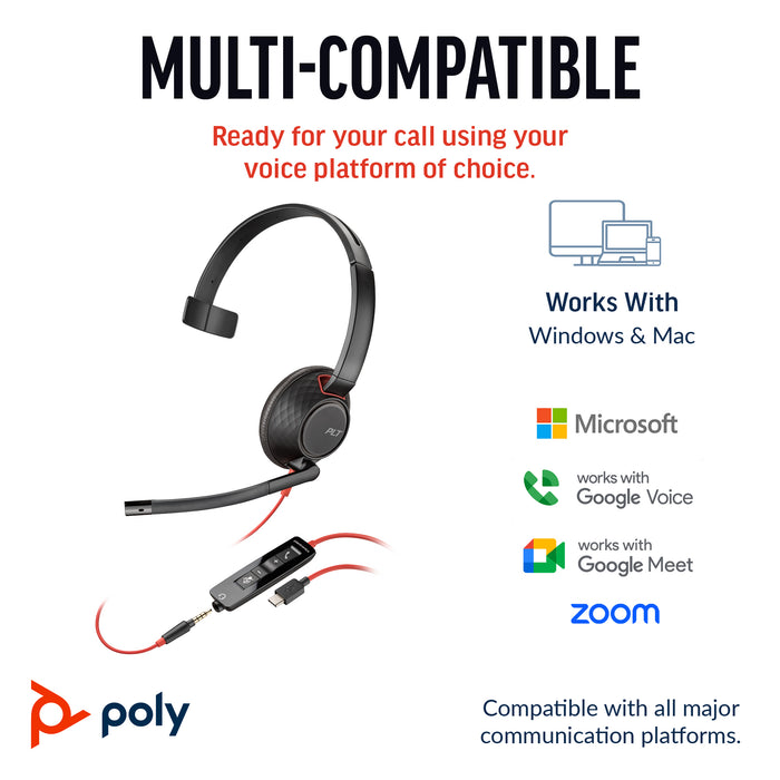 HP Poly Blackwire 5210 Monaural USB-C Headset +3.5mm Plug +USB-C/A Adapter, Wired, Office/Call center, 125.4 g, Headset, Black