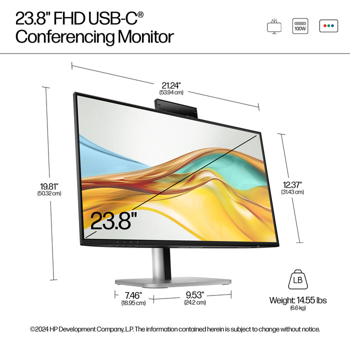 HP Series 5 Pro 23.8 inch FHD USB-C Conferencing Monitor - 524pm, 60.5 cm (23.8"), 1920 x 1080 pixels, Full HD, LCD, 5 ms, Black