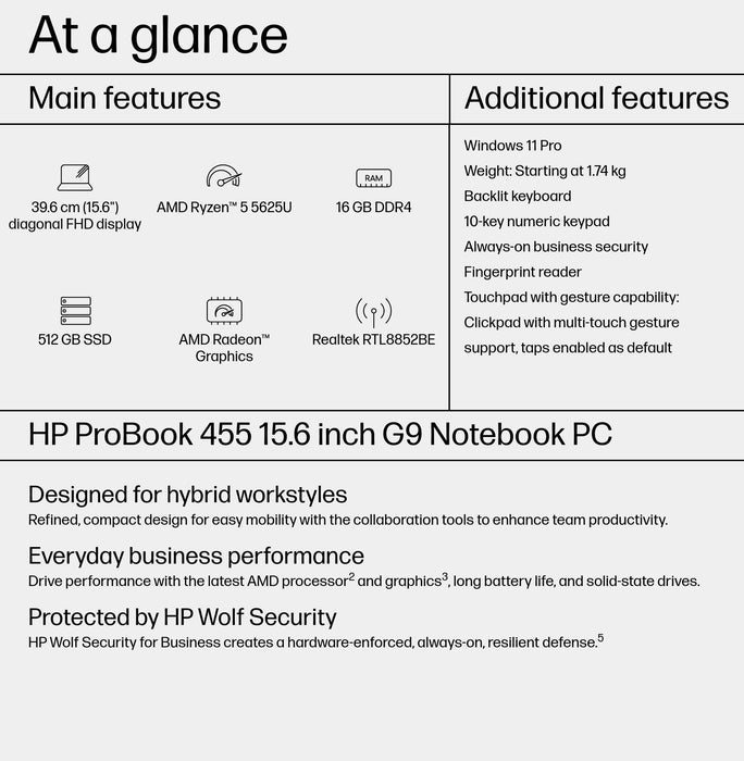 HP ProBook 455 15.6 G9, AMD Ryzen™ 5, 2.3 GHz, 39.6 cm (15.6"), 1920 x 1080 pixels, 16 GB, 512 GB