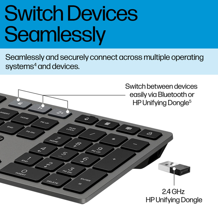 HP 725 Multi-Device Rechargeable Wireless Keyboard, Full-size (100%), Wireless, RF Wireless + Bluetooth, Black