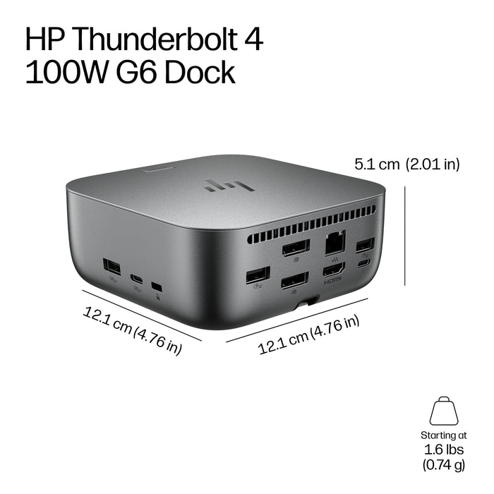 HP Thunderbolt 4 100W G6 Dock, Wired, Thunderbolt 4, 100 W, 10,100,1000,2500 Mbit/s, Grey, 5K Ultra HD