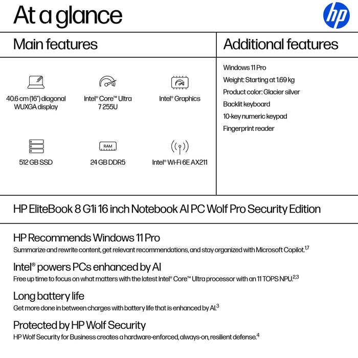 HP EliteBook 8 G1i AI PC Wolf Pro Security Edition, Intel Core Ultra 7, 40.6 cm (16"), 1920 x 1200 pixels, 24 GB, 512 GB, Windows 11 Pro