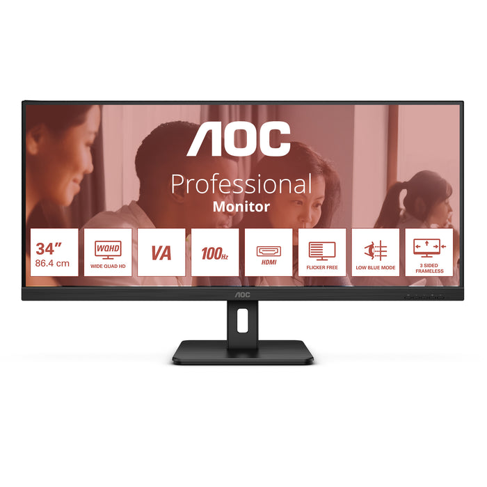 AOC U34E2M, 86.4 cm (34"), 3440 x 1440 pixels, Wide Quad HD, 4 ms, Black