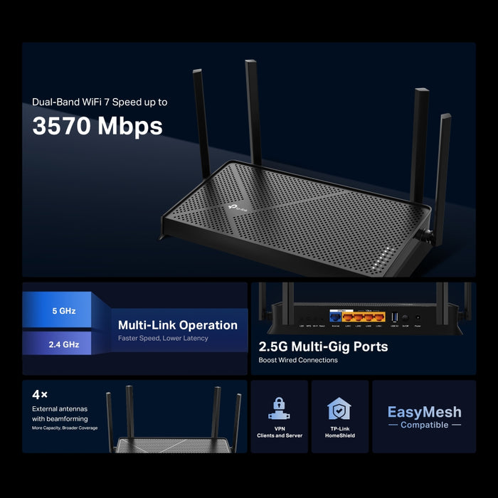 TP-Link Archer BE230, Wi-Fi 7 (802.11be), Dual-band (2.4 GHz / 5 GHz), Ethernet LAN, Black, Tabletop router