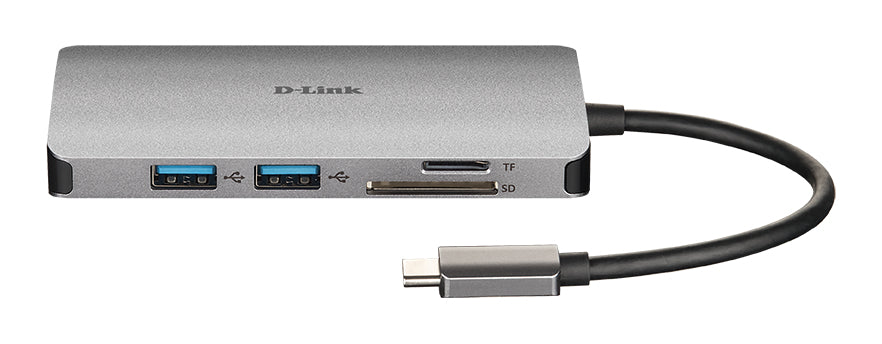 D-Link 8-in-1 USB-C Hub with HDMI/Ethernet/Card Reader/Power Delivery, Wired, USB 3.2 Gen 1 (3.1 Gen 1) Type-C, 100 W, IEEE 802.3, IEEE 802.3ab, IEEE 802.3u, IEEE 802.3x, Aluminium, MicroSD (TransFlash), SD, SDHC, SDXC