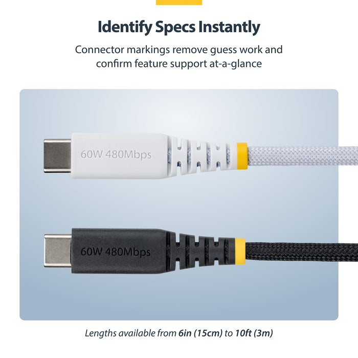 StarTech.com 30cm (1ft) White USB-C Charging Cable, 60W (3A) PD, Dual-Layer Braided Nylon/TPE Jacket, Rugged USB C Charging Cord, USB 2.0 Laptop Charger Cable, 0.3 m, USB C, USB C, USB 2.0, 0.48 Gbit/s, White