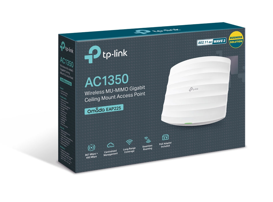 TP-Link Omada EAP225, 2.4 GHz, 5 GHz, 1350 Mbit/s, 64-bit WEP, 128-bit WEP, 152-bit WEP, SSID, WPA, WPA-PSK, WPA2, WPA2-PSK, 10,100,1000 Mbit/s