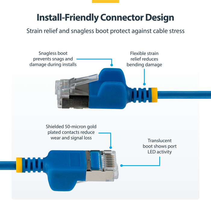 StarTech.com 80cm Blue Ultra Slim Cat6A Ethernet Cable, Snagless, FTP, Pure Bare Copper Wire, 34AWG Slim RJ45 Network Patch Cord, Individually Tested, 0.8 m, Cat6a, U/FTP (STP), RJ-45, RJ-45, Blue