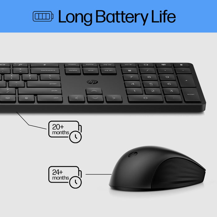 HP 650 Wireless Keyboard and Mouse Combo, Full-size (100%), Wireless, RF Wireless, Membrane, Black, Mouse included