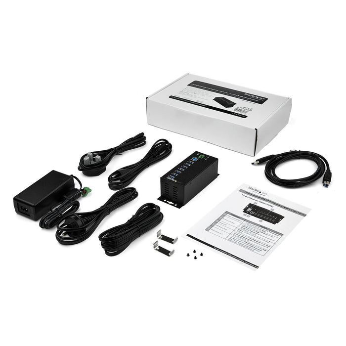 StarTech 7-Port USB 3.0 Hub with Power Adapter - Metal Industrial USB-A Hub with ESD & 350W Surge Protection - Din/Wall/Desk Mountable - High Speed USB 3.0 (5Gbps) - Hub , TAA (HB30A7AME)