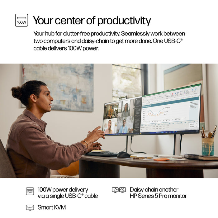 HP Series 5 Pro 27 inch QHD USB-C Conferencing Monitor - 527pm, 68.6 cm (27"), 2560 x 1440 pixels, Quad HD, LCD, 5 ms, Black