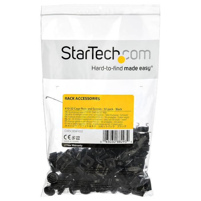 StarTech.com 50-Pack 10-32 12mm Screws, Washers and Square Hole Cage Nuts with Installation Tool, Hardware Mounting Kit for 19" or 10" Server Racks, Cabinets and Enclosures, Black - TAA, Bolts & nuts, Steel, Pan head, Black, TAA, CE, REACH, RoHS, 15.9 mm