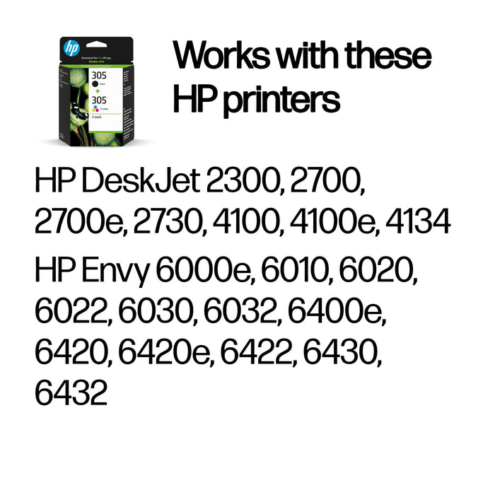 HP 305 2-Pack Tri-color/Black Original Ink Cartridge, Standard Yield, Black, Cyan, Magenta, Yellow, Dye-based ink, Pigment-based ink, 2 pc(s), 120 pages