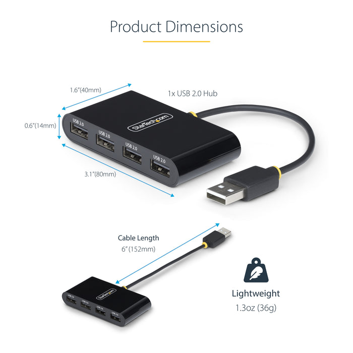 StarTech 4-Port USB 2.0 Hub, USB Bus Powered, Small Travel Mini USB Hub, Multi-Port USB 2.0 Splitter, Portable USB Hub