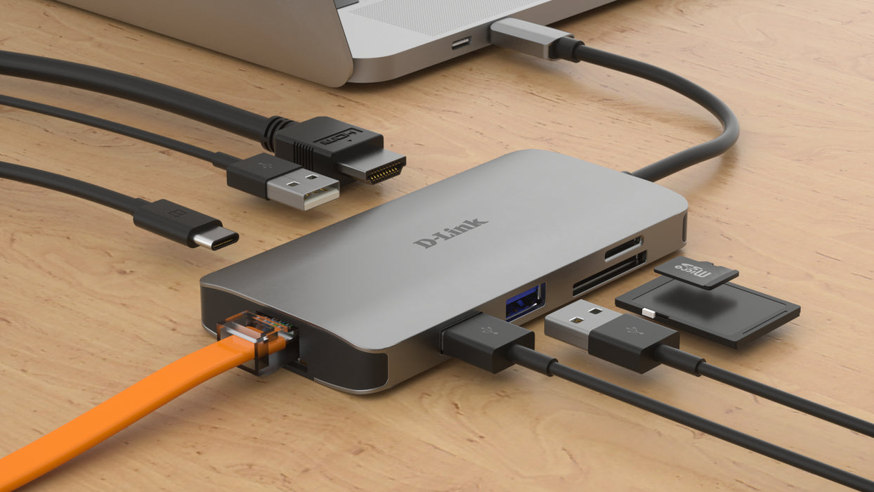 D-Link 8-in-1 USB-C Hub with HDMI/Ethernet/Card Reader/Power Delivery, Wired, USB 3.2 Gen 1 (3.1 Gen 1) Type-C, 100 W, IEEE 802.3, IEEE 802.3ab, IEEE 802.3u, IEEE 802.3x, Aluminium, MicroSD (TransFlash), SD, SDHC, SDXC