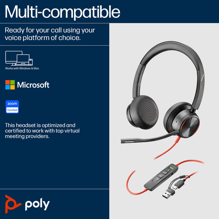 HP Poly Blackwire 8225 Stereo USB-C Headset +USB-C/A Adapter, Wired, Office/Call center, 187 g, Headset, Black