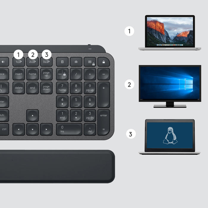 Logitech MX Keys Advanced Wireless Illuminated Keyboard, Full-size (100%), RF Wireless + Bluetooth, QWERTY, Graphite