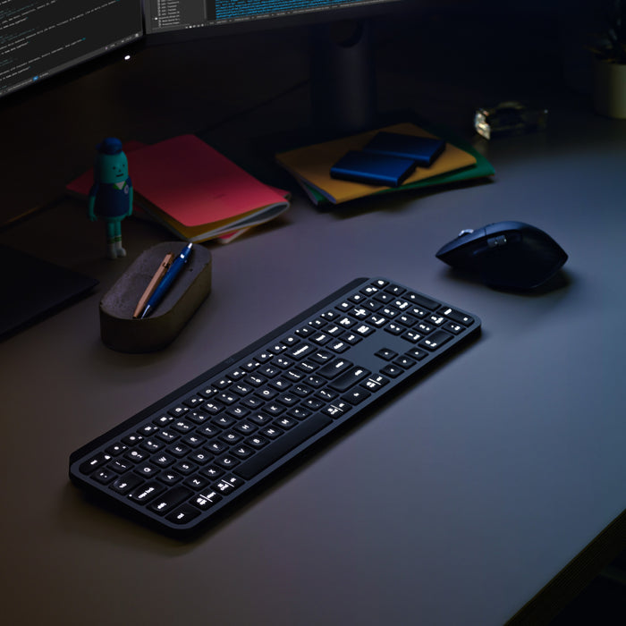 Logitech MX Keys Advanced Wireless Illuminated Keyboard, Full-size (100%), Wireless, RF Wireless + Bluetooth, QWERTY, Graphite