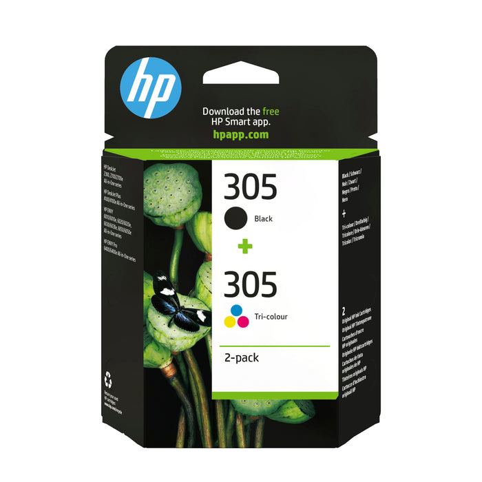 HP 305 2-Pack Tri-color/Black Original Ink Cartridge, Standard Yield, Black, Cyan, Magenta, Yellow, Dye-based ink, Pigment-based ink, 2 pc(s), 120 pages
