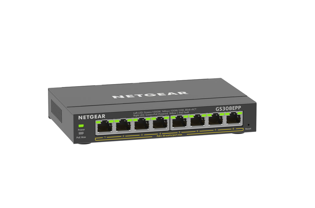NETGEAR GS308EPP, Managed, L2/L3, Gigabit Ethernet (10/100/1000), Full duplex, Power over Ethernet (PoE)
