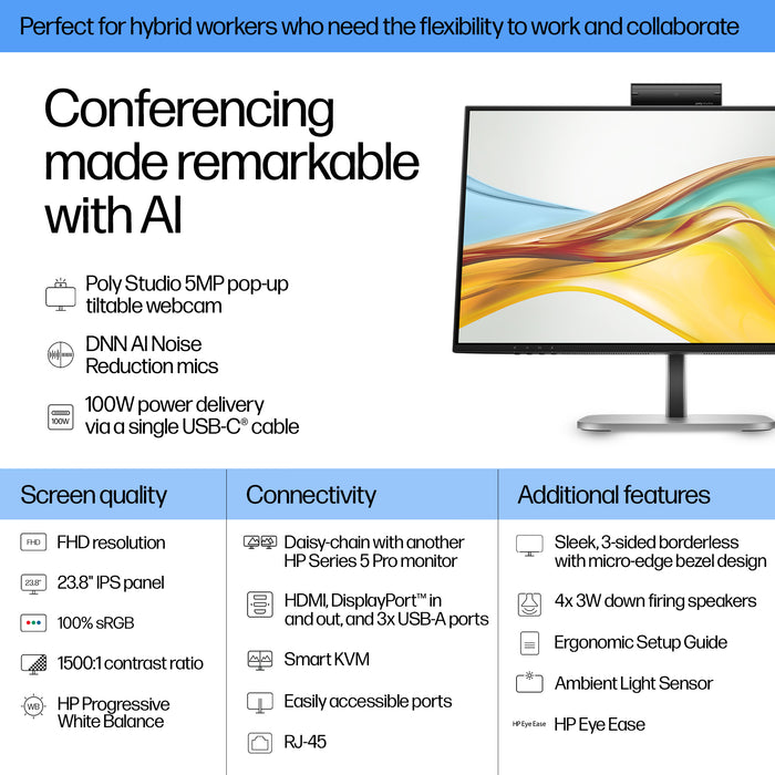 HP Series 5 Pro 23.8 inch FHD USB-C Conferencing Monitor - 524pm, 60.5 cm (23.8"), 1920 x 1080 pixels, Full HD, LCD, 5 ms, Black