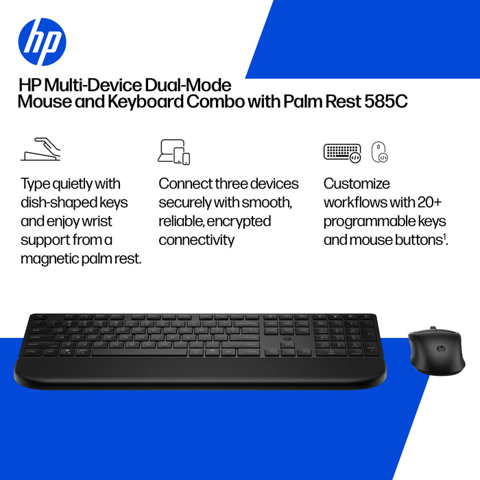 HP Multi-Device Dual-Mode Mouse and Keyboard Combo with Palm Rest 585C, Full-size (100%), Wireless, RF Wireless + Bluetooth, Plunger key switch, Black, Mouse included