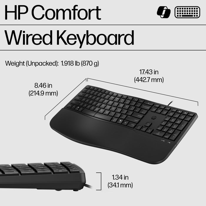 HP 485 Comfort Wired Keyboard, Full-size (100%), Wired, USB, Membrane, Black