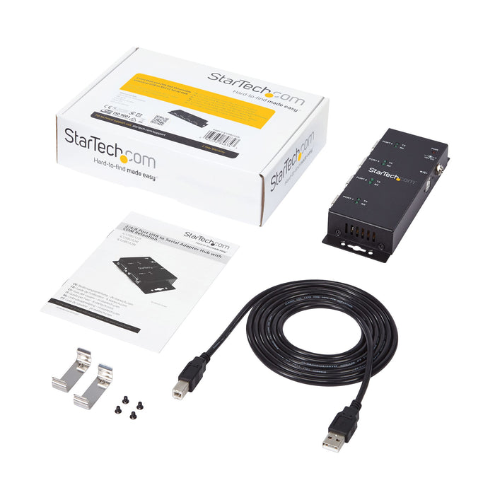 StarTech.com 4 Port USB to DB9 RS232 Serial Adapter Hub – Industrial DIN Rail and Wall Mountable - TAA, USB 2.0 Type-B, Serial, Black, Steel, Activity, USB