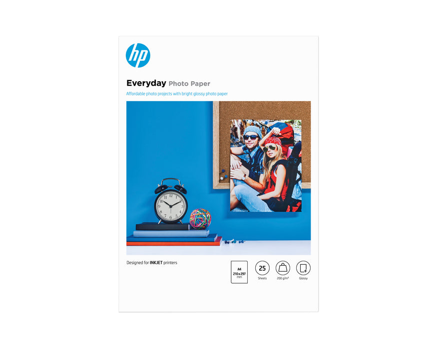 HP Everyday Photo Paper, Glossy, 200 g/m2, A4 (210 x 297 mm), 25 sheets, Gloss, Inkjet, 21x29.7 cm, Works with inkjet printers, optimized for Original HP Ink, Business, Enterprise, 15 - 30 °C