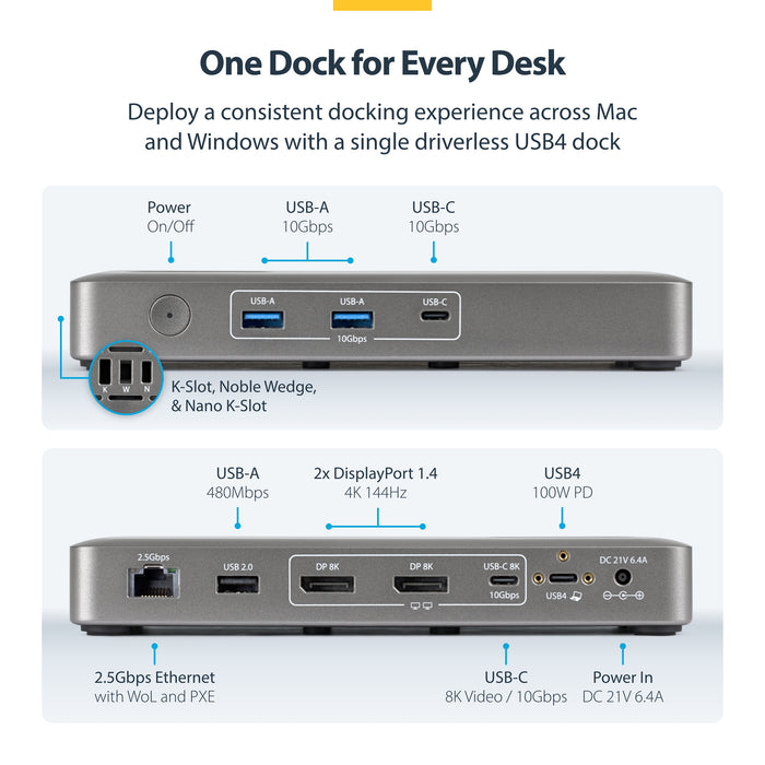 StarTech.com USB4 Docking Station, Driverless Dual 4K 144Hz for Mac and Windows, Universal USB-C Dock with DisplayPort, 100W PD and 2.5GbE, Wired, USB4, 10,100,1000,2500 Mbit/s, Grey, 10 Gbit/s, 8K Ultra HD