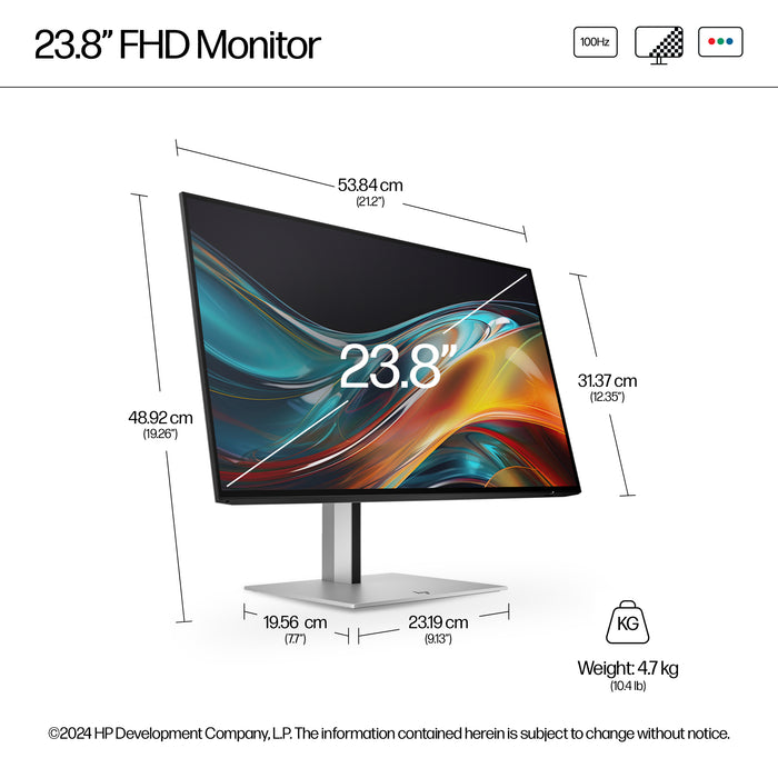 HP Series 7 Pro 23.8 inch FHD Monitor - 724pf, 60.5 cm (23.8"), 1920 x 1080 pixels, Full HD, LCD, 5 ms, Black, Silver