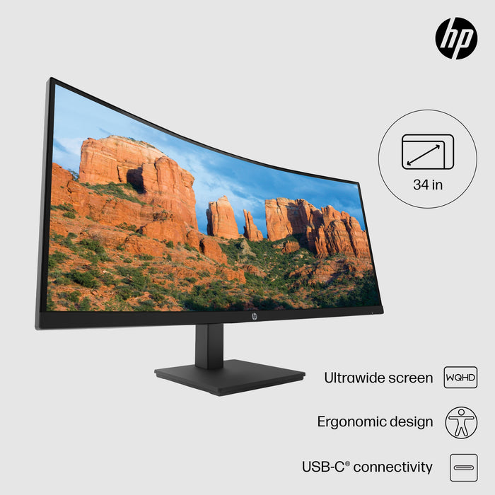 HP P34hc G4 WQHD USB-C Curved Monitor, 86.4 cm (34"), 3440 x 1440 pixels, Wide Quad HD, LCD, 5 ms, Black