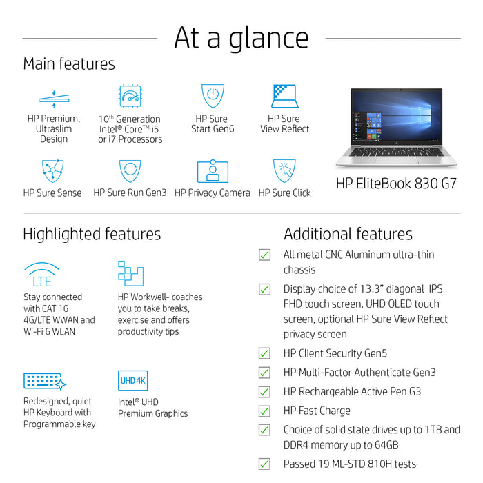 HP EliteBook 830 G7, Intel® Core™ i5, 1.6 GHz, 33.8 cm (13.3"), 1920 x 1080 pixels, 8 GB, 256 GB