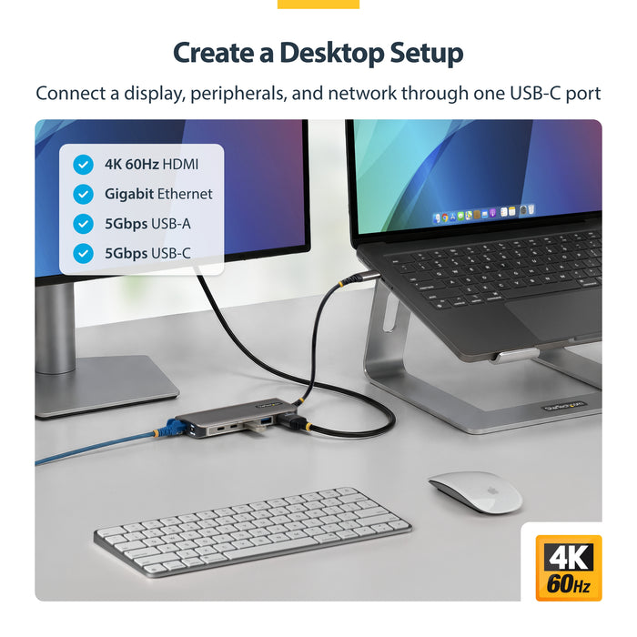 StarTech.com USB-C to HDMI Multiport Adapter with 140W PD Charging, 4K 60Hz, 5-Port USB 5Gbps Hub, GbE, Type-C Mini Dock for MacBook / Dell / Thinkpad / HP, Wired, USB 3.2 Gen 1 (3.1 Gen 1) Type-C, 140 W, 10,100,1000 Mbit/s, Grey, 5 Gbit/s