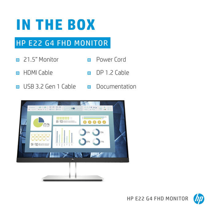 HP E-Series E22 G4, 54.6 cm (21.5"), 1920 x 1080 pixels, Full HD, LCD, 5 ms, Black, Silver