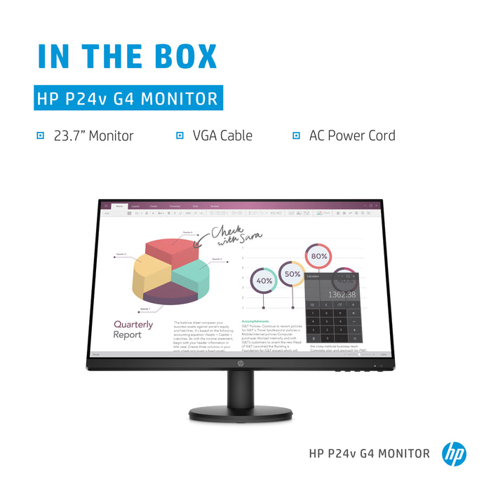 HP P24v G4 Monitor, 60.5 cm (23.8"), 1920 x 1080 pixels, Full HD, 5 ms, Black