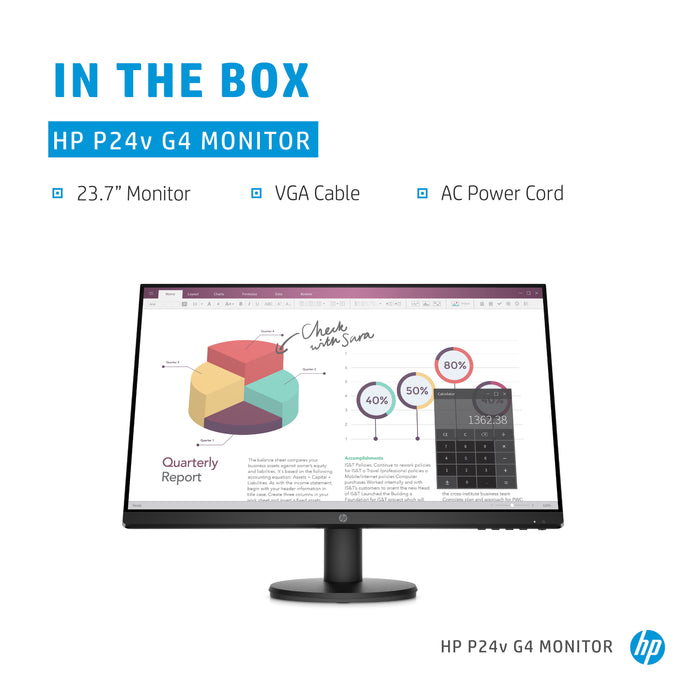 HP P24v G4 Monitor, 60.5 cm (23.8"), 1920 x 1080 pixels, Full HD, LCD, 5 ms, Black