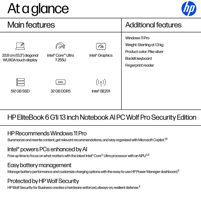 HP EliteBook 6 G1i, Intel Core Ultra 7, 33.8 cm (13.3"), 1920 x 1200 pixels, 32 GB, 512 GB, Windows 11 Pro