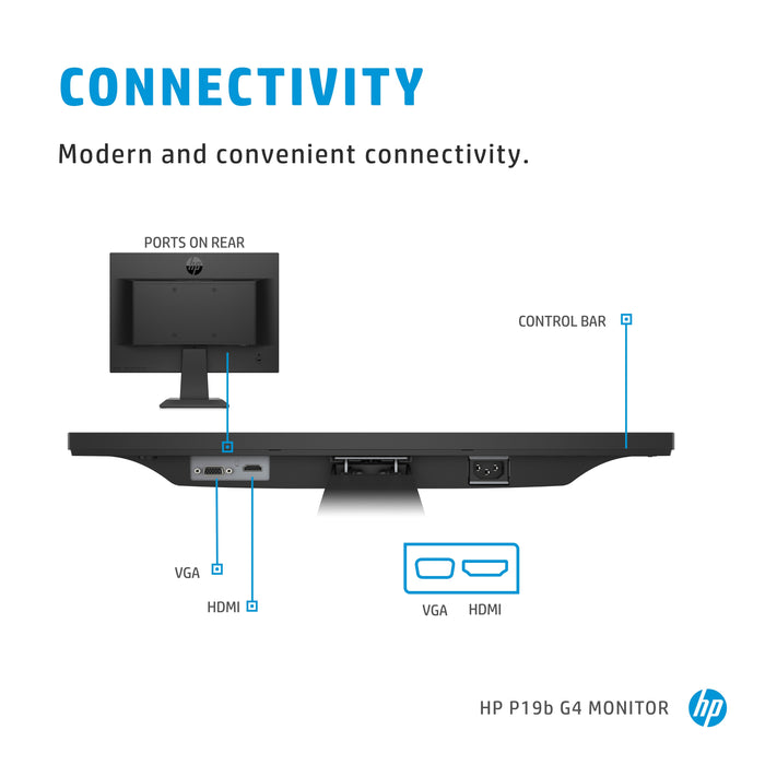 HP P19b G4 Monitor, 47 cm (18.5"), 1366 x 768 pixels, WXGA, LED, 5 ms, Black