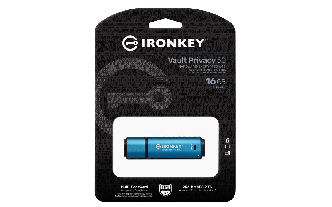 Kingston Technology IronKey 16GB Vault Privacy 50 AES-256 Encrypted, FIPS 197, 16 GB, USB Type-A, 3.2 Gen 1 (3.1 Gen 1), 250 MB/s, Cap, Black, Blue