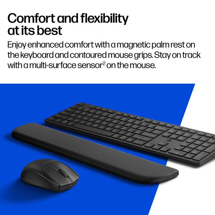 HP Multi-Device Dual-Mode Mouse and Keyboard Combo with Palm Rest 585C, Full-size (100%), Wireless, RF Wireless + Bluetooth, Plunger key switch, Black, Mouse included