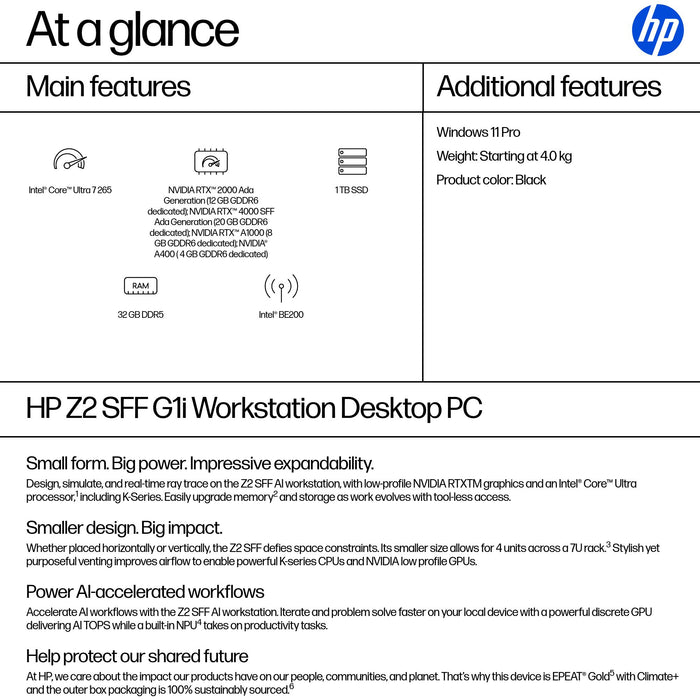 HP Z2 G1i, Intel Core Ultra 7, 265, 32 GB, DDR5-SDRAM, 1 TB, Windows 11 Pro