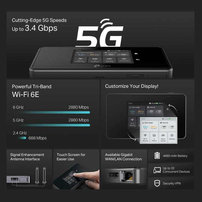 TP-Link M8550(EU), Cellular network router, Black, Portable, 802.11a, 802.11b, 802.11g, Wi-Fi 4 (802.11n), Wi-Fi 5 (802.11ac), Wi-Fi 6 (802.11ax), 200 Mbit/s, 4G, 5G, LTE
