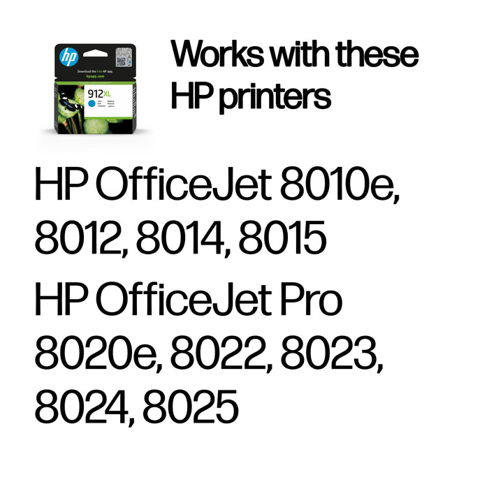 HP 912XL High Yield Cyan Original Ink Cartridge, High (XL) Yield, Cyan, Pigment-based ink, 8.5 ml, 1 pc(s), Single pack