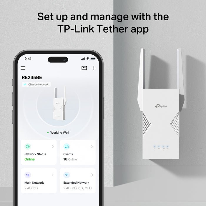 Dual-Band Wi-Fi 7 Range Extender, 2.5 Gbps LAN Port, 2.8 Gbps, 100-240V, 50/60Hz, 0.3A, 15W, 0 - 40℃, White, 97 × 46 × 158 mm