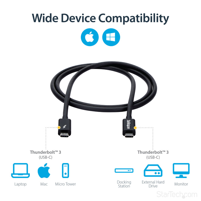 StarTech.com 3.3ft (1m) Thunderbolt 3 Cable, 20Gbps, 100W PD, 4K, Thunderbolt Certified, Compatible with Thunderbolt 4/USB 3.2/DisplayPort, Male, Male, 1 m, 20 Gbit/s, Black, Nickel