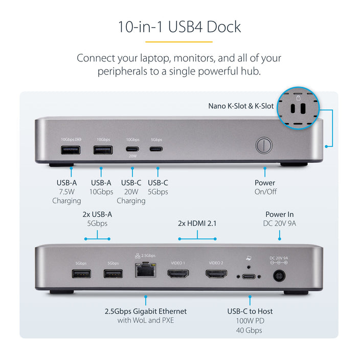 StarTech.com Dual-Monitor USB4 Docking Station, Dual 4K 120Hz or Single 8K 60Hz HDMI, 100W Laptop Charging, 2.5GbE, USB-C Multi-Monitor Dock, Driverless, Wired, USB4, 100 W, 10,100,1000,2500 Mbit/s, Silver, 40 Gbit/s