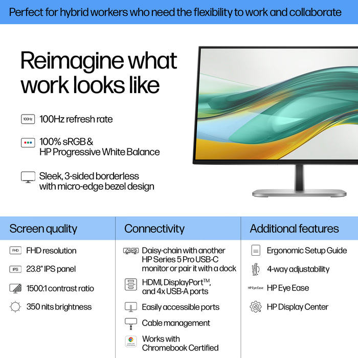 HP Series 5 Pro 23.8 inch FHD Monitor - 524pf, 60.5 cm (23.8"), 1920 x 1080 pixels, Full HD, LCD, 5 ms, Black