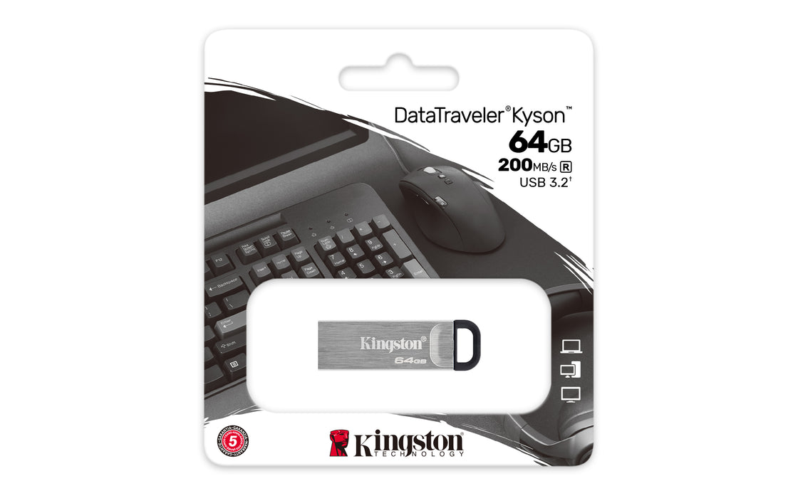 Kingston Technology DataTraveler 64GB Kyson USB Flash Drive, 64 GB, USB Type-A, 3.2 Gen 1 (3.1 Gen 1), 200 MB/s, Capless, Silver