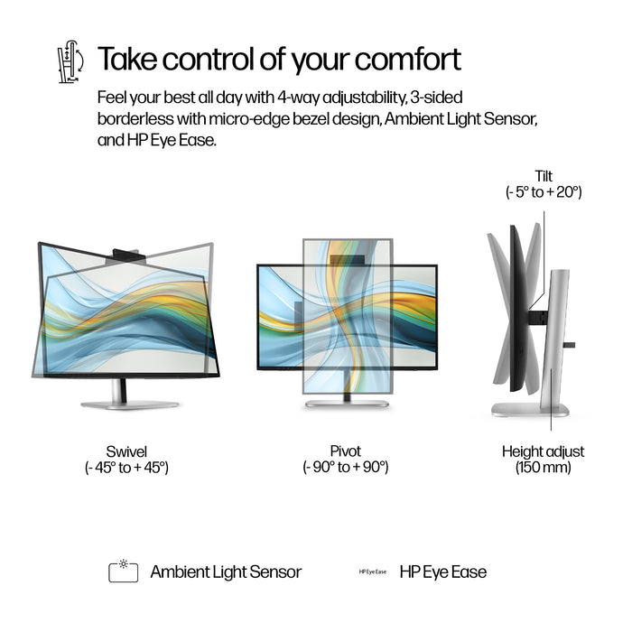 HP Series 5 Pro 27 inch QHD USB-C Conferencing Monitor - 527pm, 68.6 cm (27"), 2560 x 1440 pixels, Quad HD, LCD, 5 ms, Black